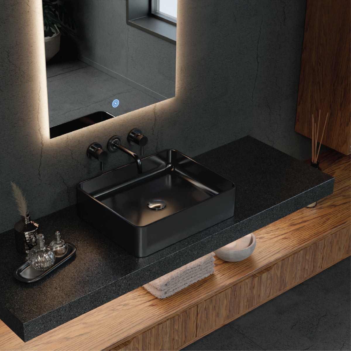 Sleek Black Bathroom with a back lit LED Mirror 