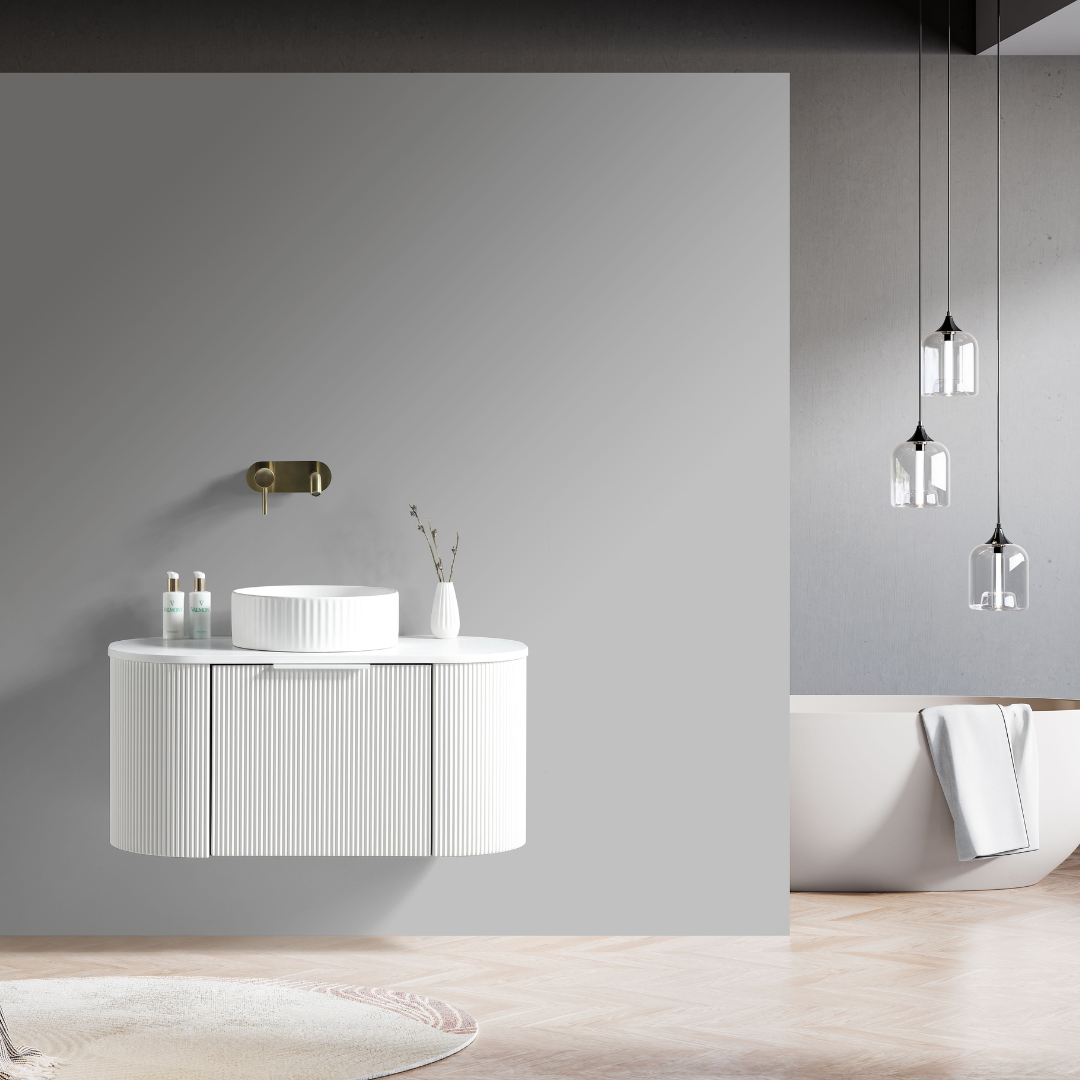 Matte White Fluted Vanity with sleek, vertical fluting, enhancing modern decor with a stylish, understated finish. Its matte surface and clean lines evoke both simplicity and sophistication.