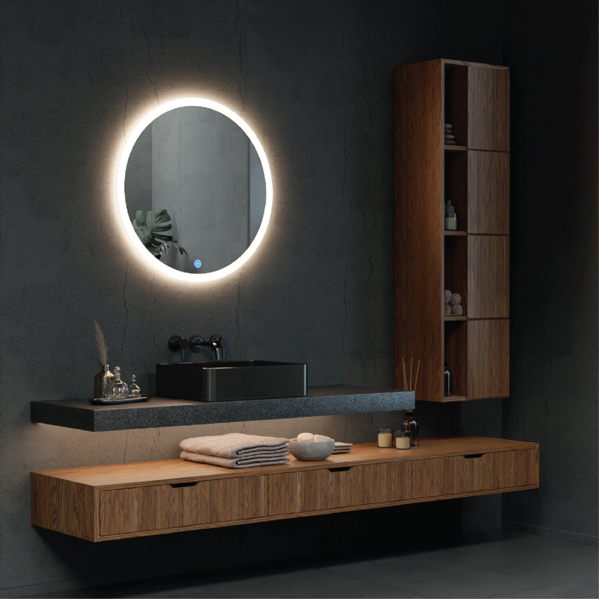 The Titan LED Mirror seamlessly integrates into your space, providing both elegance and functionality.