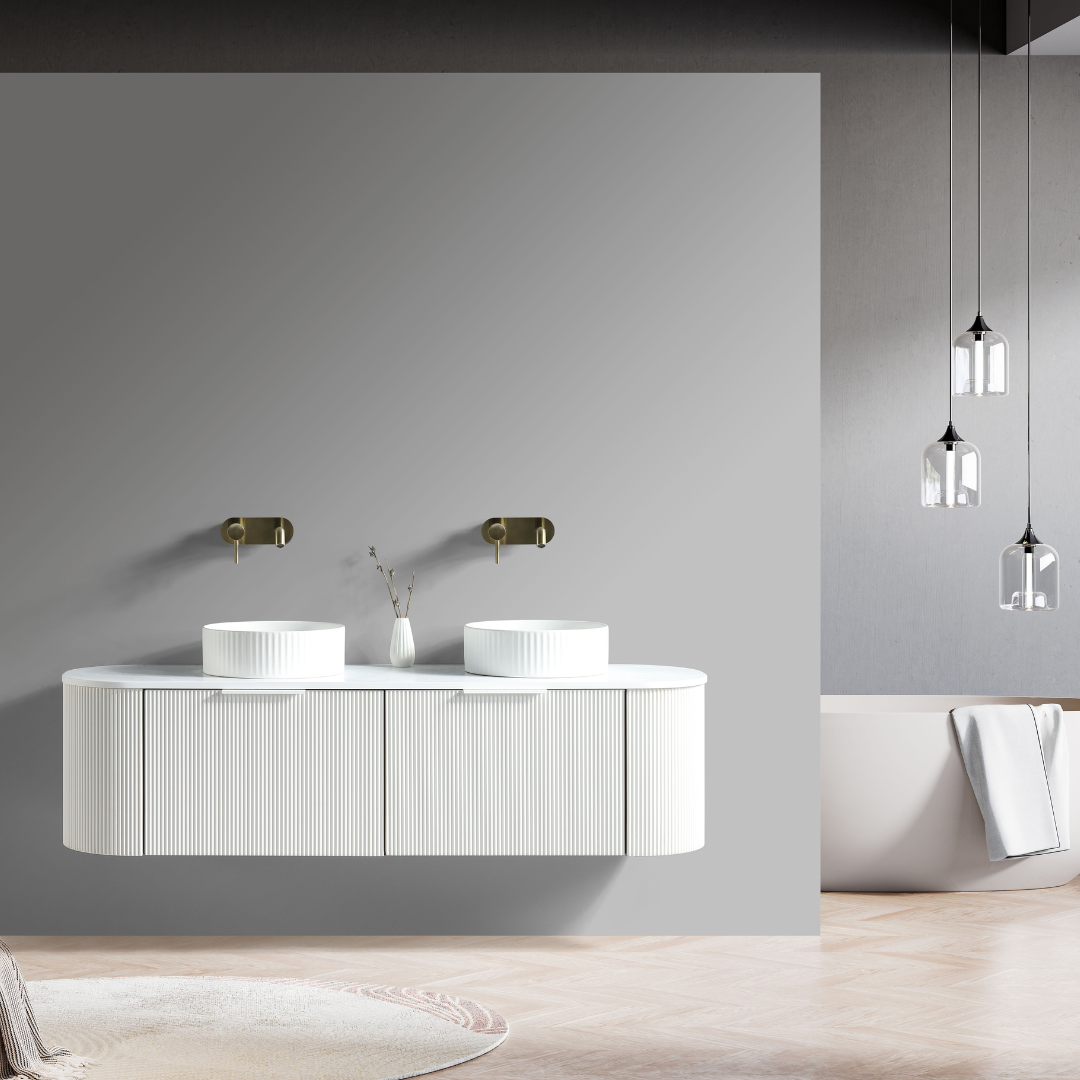 Matte White Fluted Vanity featuring open storage beneath, combining sleek design with practical space for bathroom essentials. Its fluted texture and matte finish bring subtle elegance to modern spaces.