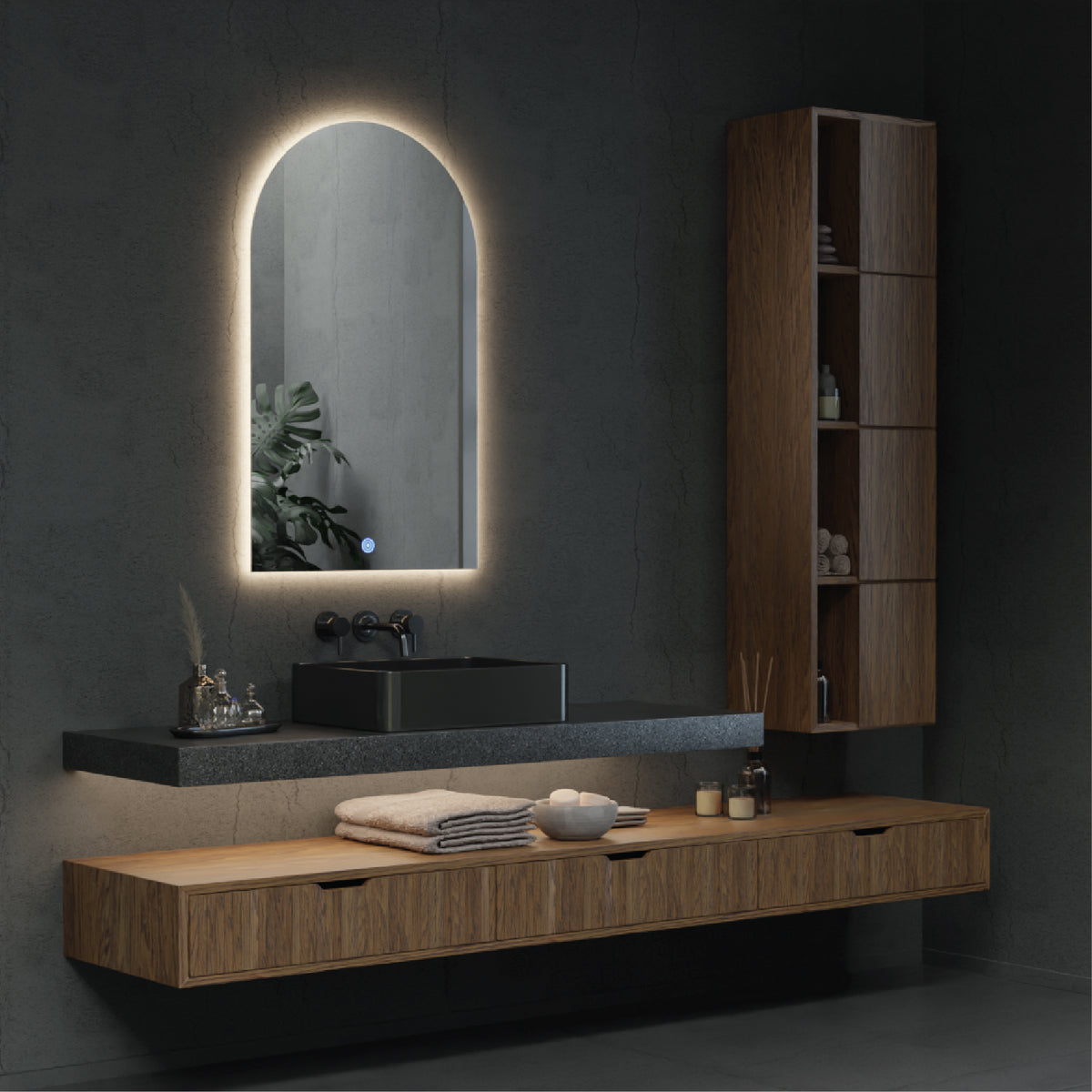 Wooden Cabinets with a one sided rounded rectangle LED Mirror