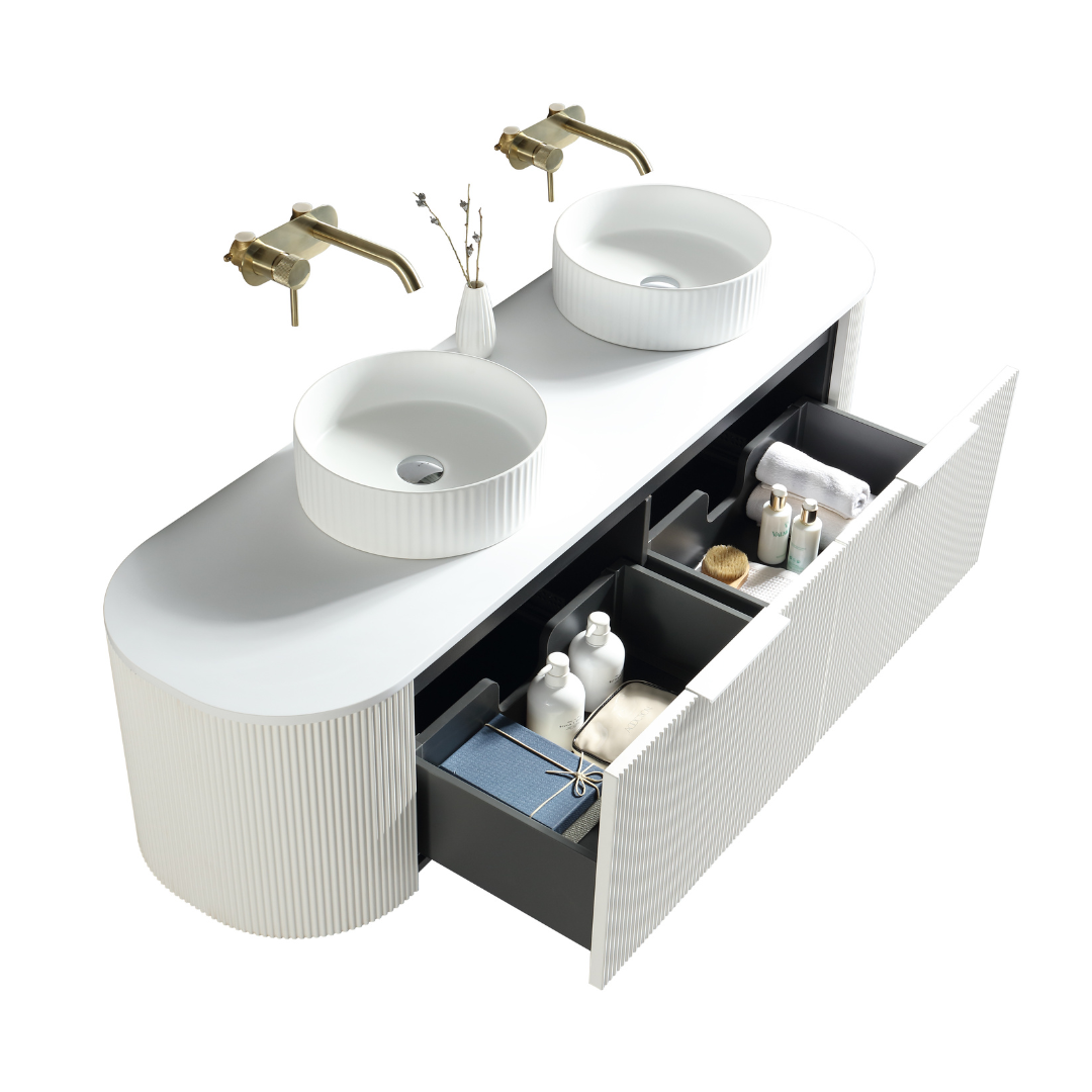 Wall-Mounted Matte White Fluted Vanity with a floating design, adding airy elegance and modernity to bathrooms. The matte finish and vertical fluting create a contemporary yet timeless look.