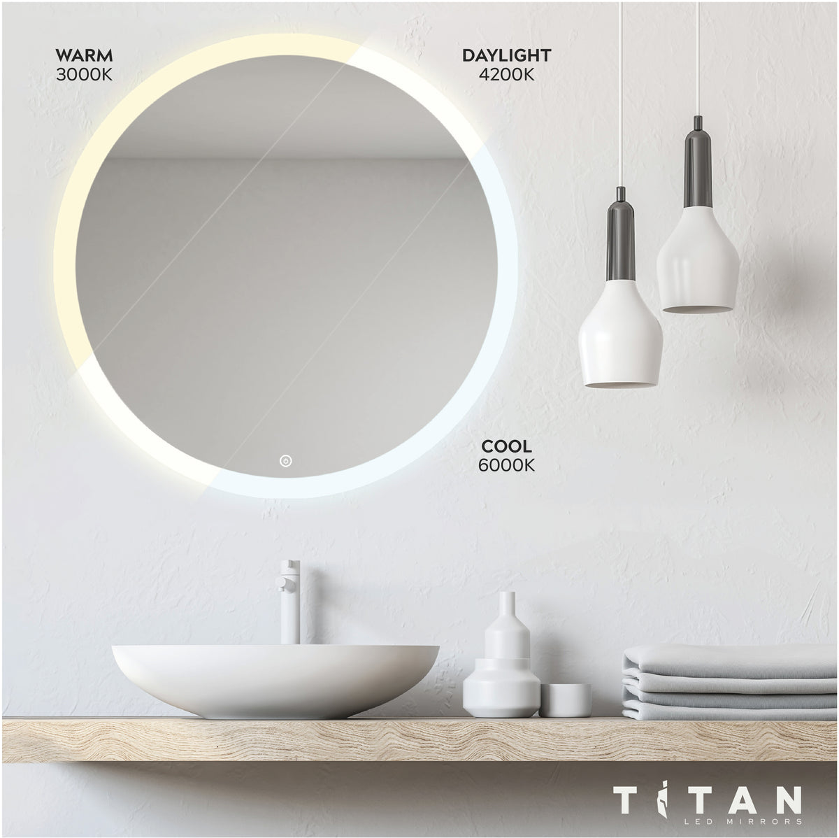 Touch Sensitive Mirror with the option of warm, daylight, and cool light levels